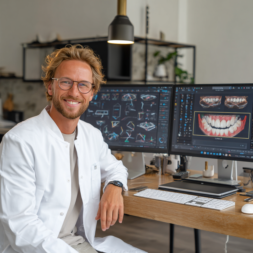 Fogorvos számítógépes tervezőszoftver segítségével egy ideiglenes fogpótlás 3D modelljét készíti elő a képernyőn.